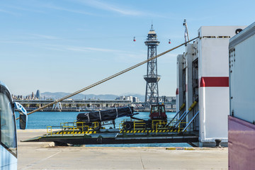 Wall Mural - Truck going into the hold of a cargo ship