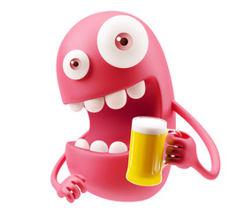 Fototapete - Drinking Beer Emoticon Character Face Expression. 3d Rendering.