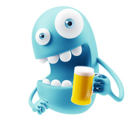 Fototapete - Drinking Beer Emoji Cartoon. 3d Rendering.