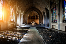 Abandoned Chapelle Without Anything Inside. Left Only Windows And Debris And Silence.
