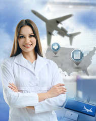 Wall Mural - Young doctor on virtual background. Medical tourism concept