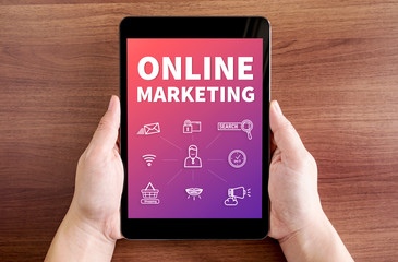 Poster - Two hand holding tablet with online marketing and icon on screen