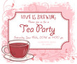 vector hand drawn tea party invitation card, vintage frame, glass and leaves