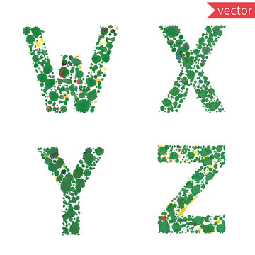 decorative letters W, X, Y, Z,  made from colorful drops and blots