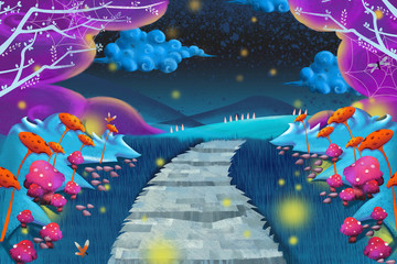 Wall Mural - Creative Illustration and Innovative Art: Exotic Spectacle of an Mystery Place at Night. Realistic Fantastic Cartoon Style Character, Story, Card Design