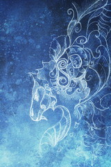 Poster - Drawing of ornamental dragon. computer collage and blue color structure. Winter effect.