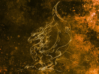 Poster - drawing of ornamental dragon on old paper background computer collage. and color structure.