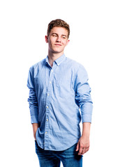 Wall Mural - Boy in jeans and t-shirt, young man, studio shot