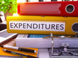 Expenditures - Yellow Ring Binder on Office Desktop with Office Supplies and Modern Laptop. Expenditures Business Concept on Blurred Background. Expenditures - Toned Illustration. 3D Render.