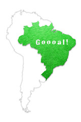 brazil map conceptual soccer game background with goooal word message on green grass background isol
