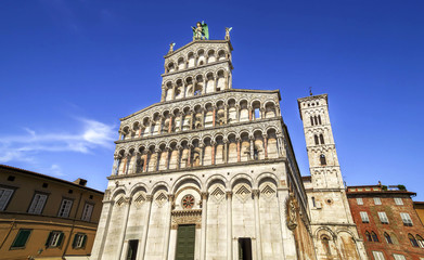 Sticker - Chiesa di San Michele in Foro - Church of San Michele in Foro, catholic church dedicated to Archangel Michael, beautiful attraction in the ancient city of Lucca, Italy.