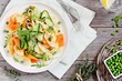 Summer pasta with zucchini ,carrots,green pea and arugula. Healthy eating.Selective focus