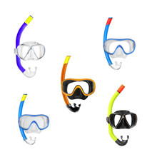 Collection Of Different Dive Masks With Snorkel Isolated On A White Background. Design Elements For Beach Holidays Themes. Sport And Leisure.