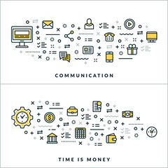 Wall Mural - Communication and Time is Money. Vector Flat Thin Line Illustration for Website Banner or Header. Flat Line Icons and Geometric Design Elements