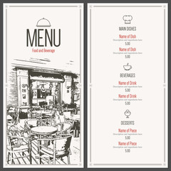 Restaurant menu design. Vector menu brochure template for cafe, coffee house, restaurant, bar. Food and drinks logotype symbol design. With a sketch pictures