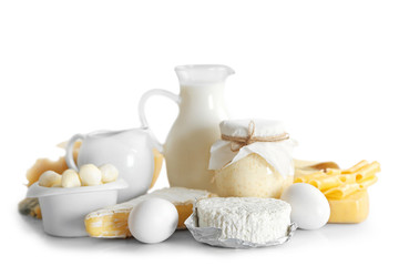 Wall Mural - Set of fresh dairy products, isolated on white