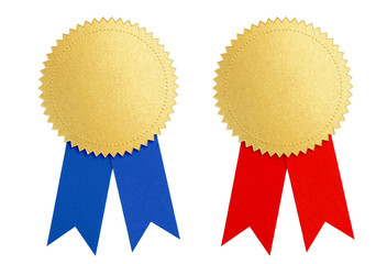winner gold seal medal award with blue and red ribbon