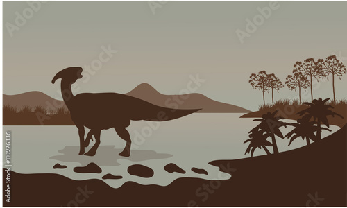 Cuadros en Lienzo parasaurolophus in river scenery