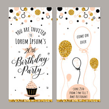 Vector Illustration Of Birthday Invitation. Face And Back Sides. Party Background With Cupcake, Ballon And Gold Sparkles. Golden Elements Poster. Vertical Banner