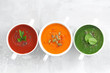 assortment of colorful vegetable cream soup 