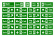 Set of emergency fire exit green signs with different directions on white