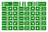 Fototapeta  - Set of emergency fire exit green signs with different directions on white
