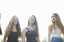 Four Teenage Girls Laughing And Chatting In Park