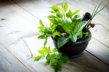 Wall Mural - Mortar with herbs on wooden table