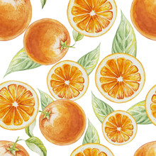 Watercolor Seamless Pattern Of Orange Fruit With Leafs. Vector Illustration Of Citrus Orange Fruits. Eco Food Illustration