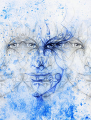 Canvas Print - mystic man face with floral ornament. Drawing on paper, Color effect. Eye contact.