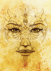 Wall Mural - mystic woman face with floral ornament. Drawing on paper, Color effect. Eye contact.