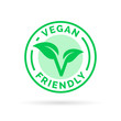 Vegan icon design. Vegan food emblem. Vegan friendly food sign with letter 'V' and leaf icon product stamp. Vector illustration.