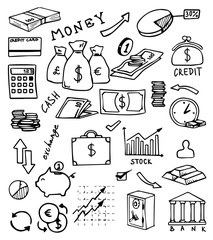 banking and currency hand drawn vector set