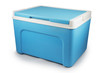 Handheld blue refrigerator isolated over white background. cooler