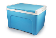 Handheld Blue Refrigerator Isolated Over White Background. Cooler