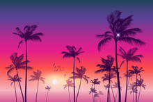 Exotic Tropical Palm Tree Landscape   At Sunset Or Moonlight,  With Cloudy Sky. Highly Detailed  And Editable