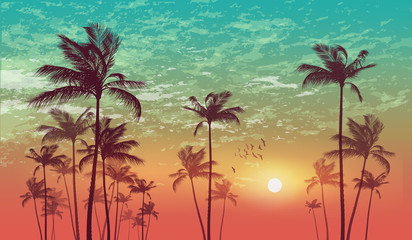 exotic tropical palm tree landscape at sunset or moonlight, with cloudy sky. highly detailed and edi