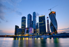 View Of Skyscrapers On Moskva River At Night, Moscow, Russia