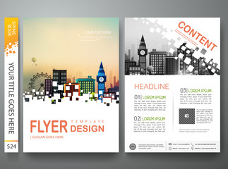 Flyers design template vector. Brochure annual report business magazine poster.Leaflet cover book presentation with abstract square background and flat city. Layout in A4 size.illustration.