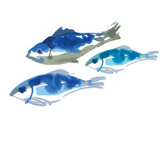 blue fish set watercolor illustration