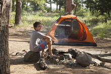 Teenage Boy Preparing Campfire, Indiahoma, Oklahoma, USA