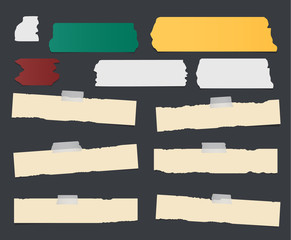 Poster - Ripped brown blank note paper, sticky, adhesive tapes are stuck on black wall