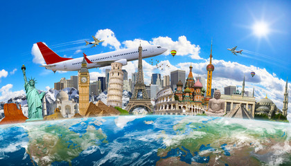 Wall Mural - Famous landmarks of the world grouped together on planet Earth