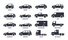 Car Type and Model Objects icons Set, automobile. Vector black illustration isolated on white background with shadow. Variants of car body silhouette for web