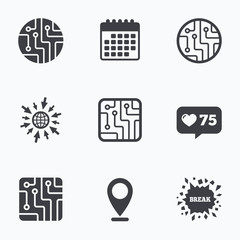 Poster - Circuit board signs. Technology scheme icons.