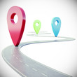 Road path going forward on white background with colorful pin pointer. 3d illustration