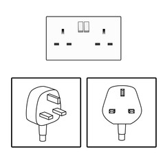 plug and uk socket. three 3 pin plug icon set. british socket. electric power. vector graphic illust