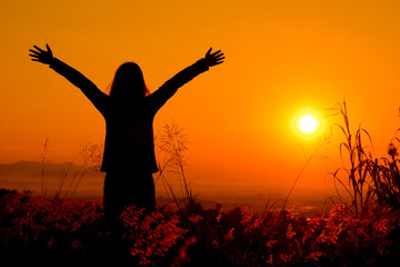 Free happy woman enjoying nature sunset. Freedom, happiness