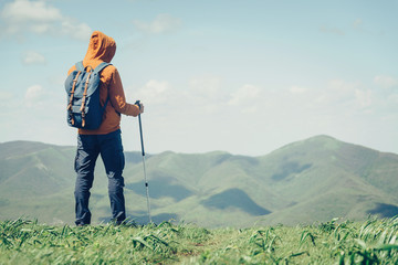 Poster - Traveler with trekking poles in mountains