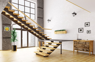 hall with staircase interior 3d rendering